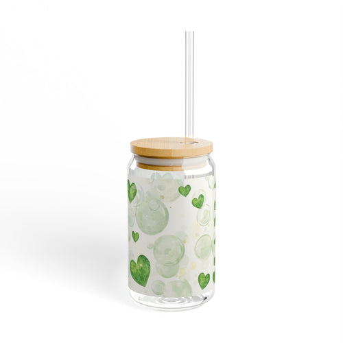 16oz Heart & Lime Sipper Glass with Bamboo Lid – Personalized Drink Jar