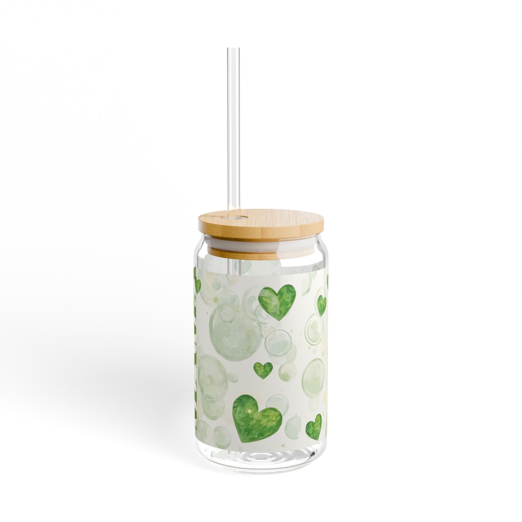 16oz Heart & Lime Sipper Glass with Bamboo Lid – Personalized Drink Jar