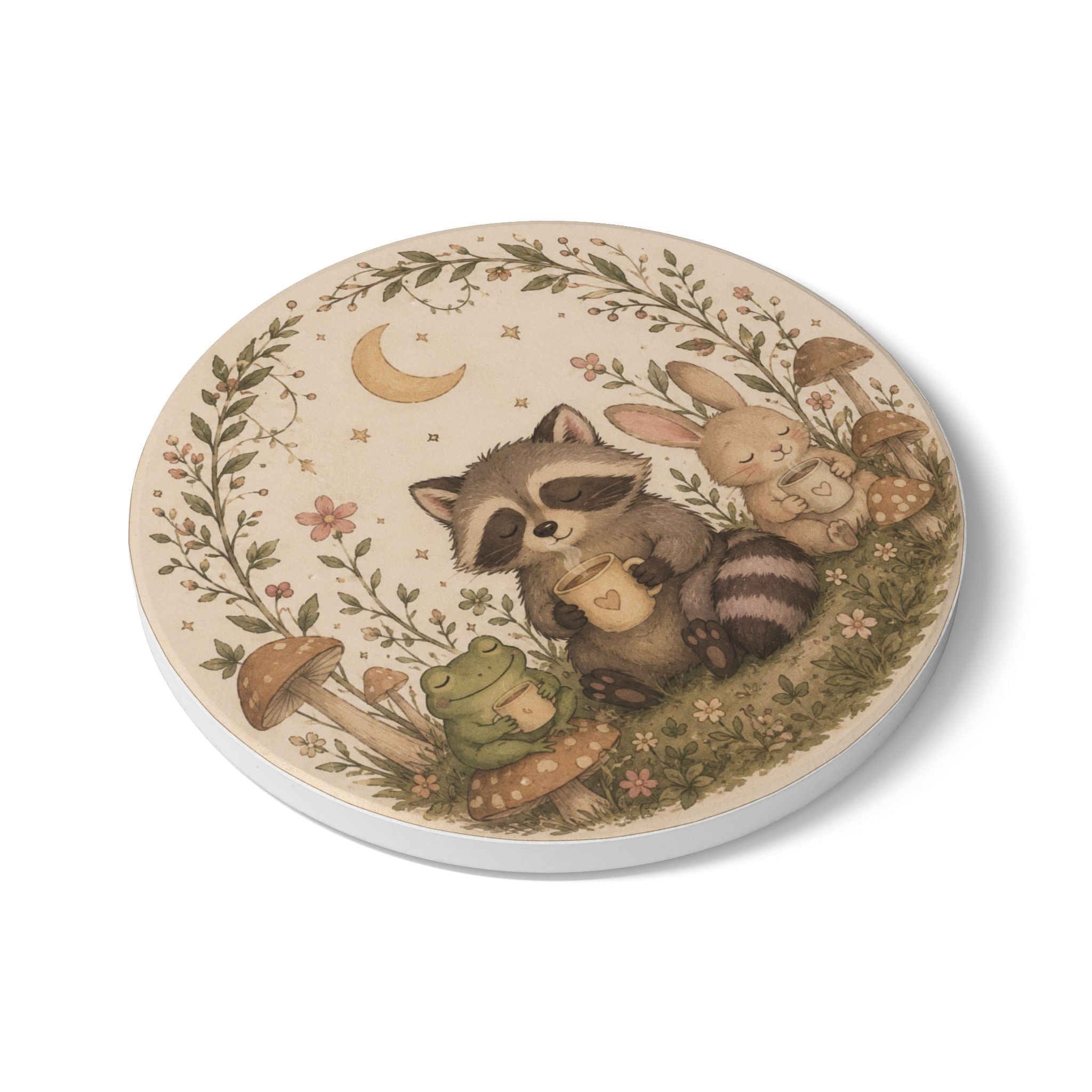 Woodland Friends Ceramic Coaster — Raccoon, Bunny & Frog Tea Time