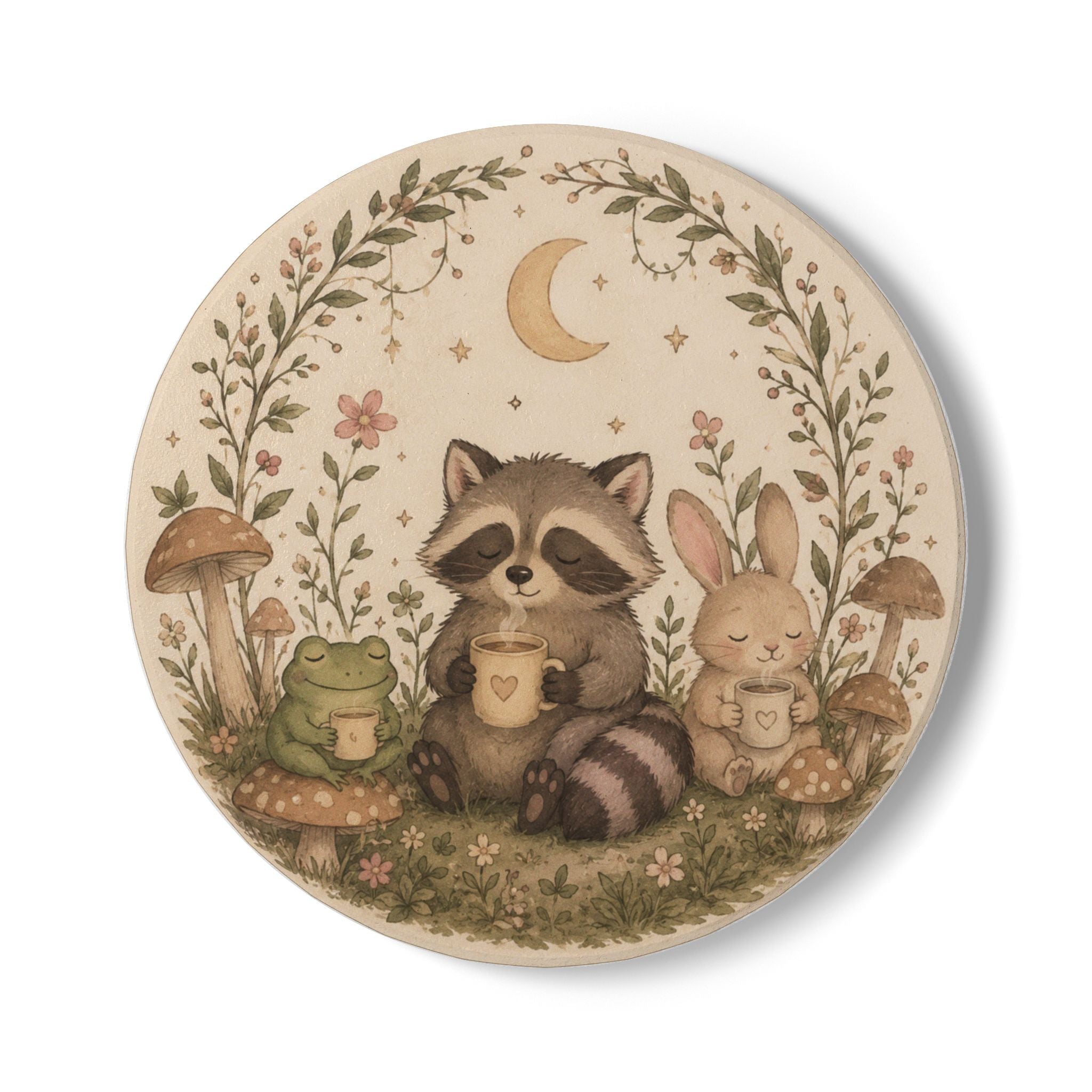 Woodland Friends Ceramic Coaster — Raccoon, Bunny & Frog Tea Time